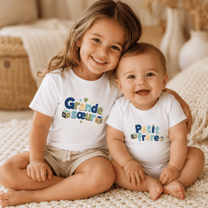 Duo Frère & Sœur Cubes Doux - Märchen Mode aus Bio-Baumwolle personalisierte geschenke Babyset & Bodys mit spruch & Geschenkideen für Neugeborene & 0–24 Monate & und perfekt als Geschenk zur Geburt