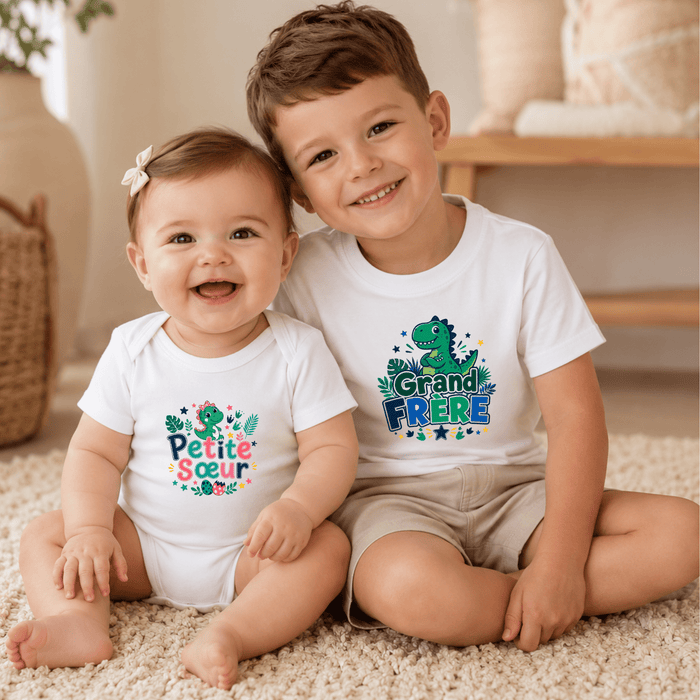 Duo Frère & Sœur Dino - Märchen Mode aus Bio-Baumwolle personalisierte geschenke Babyset & Bodys mit spruch & Geschenkideen für Neugeborene & 0–24 Monate & und perfekt als Geschenk zur Geburt