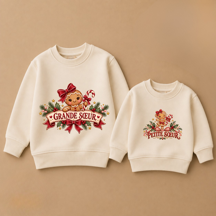 Sweaters de Noël grande sœur & petite sœur – Ourson – Beige