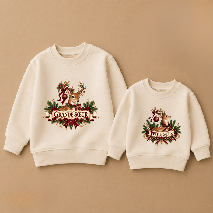 Sweaters de Noël grande sœur & petite sœur – Renne – Beige