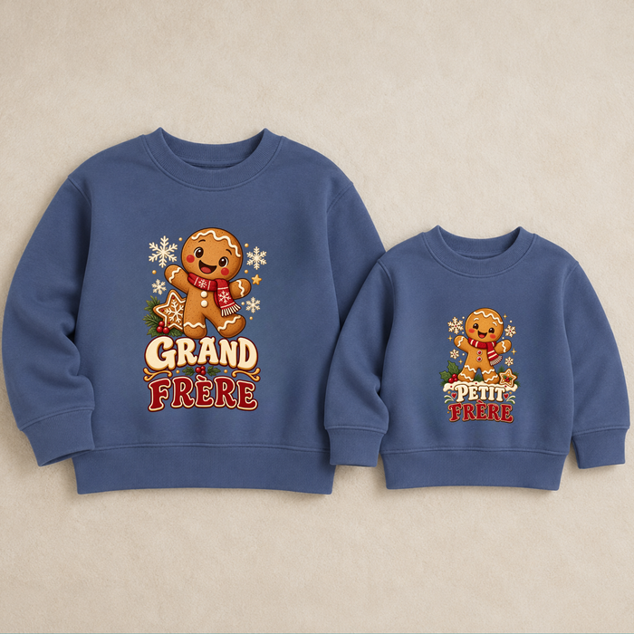 Sweaters de Noël grand frère & petit frère – Bonhomme en pain d’épices – Bleu