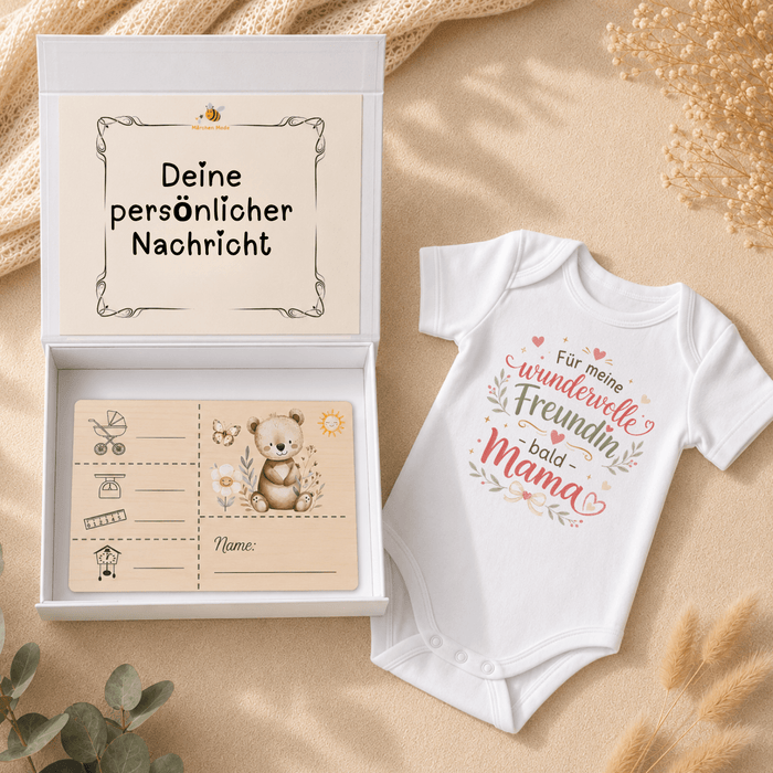 Für meine wundervolle Freundin - bald Mama - Personalisierte Baby Geschenkbox - Märchen Mode aus Bio - Baumwolle personalisierte geschenke Babyset & Bodys mit spruch & Geschenkideen für Neugeborene & 0–24 Monate & und perfekt als Geschenk zur Geburt