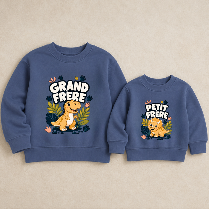 Sweaters bleus assortis grand frère et petit frère avec motif renard