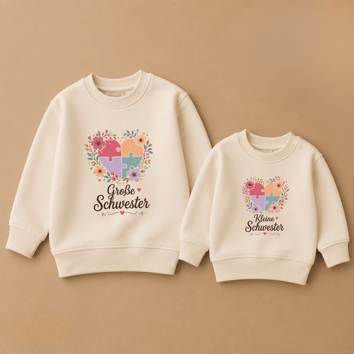 Große Schwester & Kleine Schwester Blumen Puzzle Geschwister Sweatshirts - Märchen Mode aus Bio-Baumwolle personalisierte geschenke Babyset & Bodys mit spruch & Geschenkideen für Neugeborene & 0–24 Monate & und perfekt als Geschenk zur Geburt