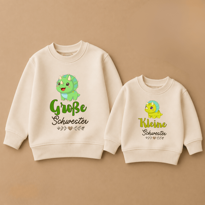 Große Schwester & Kleine Schwester Dino Geschwister Sweatshirts - Märchen Mode aus Bio-Baumwolle personalisierte geschenke Babyset & Bodys mit spruch & Geschenkideen für Neugeborene & 0–24 Monate & und perfekt als Geschenk zur Geburt
