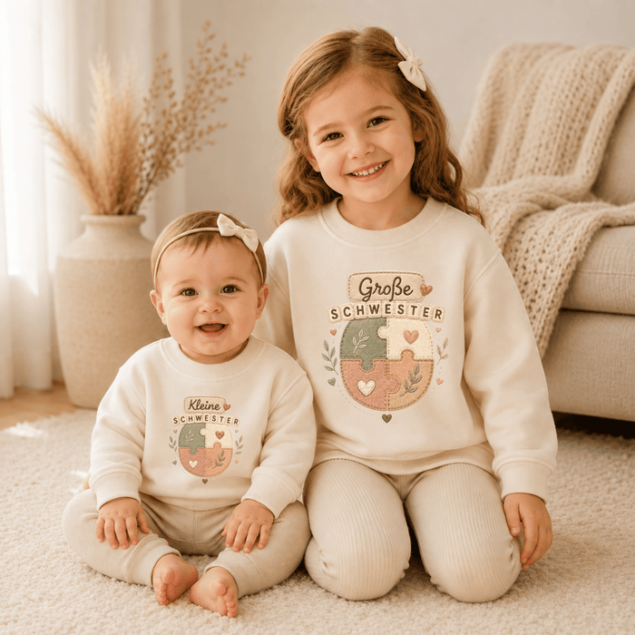 Große Schwester & Kleine Schwester Puzzle Geschwister Sweatshirts - Märchen Mode aus Bio-Baumwolle personalisierte geschenke Babyset & Bodys mit spruch & Geschenkideen für Neugeborene & 0–24 Monate & und perfekt als Geschenk zur Geburt