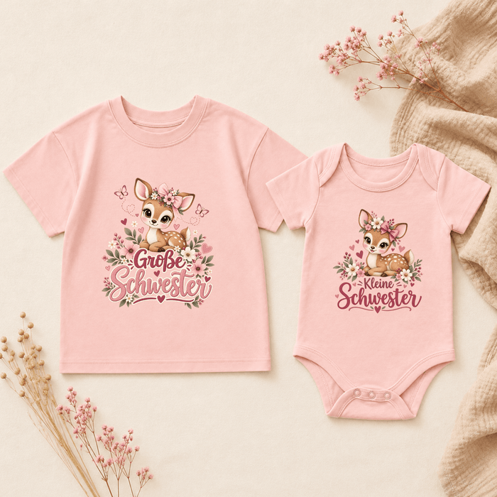Große Schwester & Kleine Schwester Reh & Blumen Matching Set - Märchen Mode aus Bio-Baumwolle personalisierte geschenke Babyset & Bodys mit spruch & Geschenkideen für Neugeborene & 0–24 Monate & und perfekt als Geschenk zur Geburt