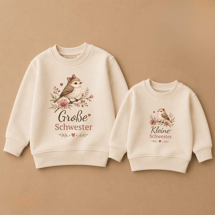 Große Schwester & Kleine Schwester Vogel & BlumenGeschwister Sweatshirts - Märchen Mode aus Bio-Baumwolle personalisierte geschenke Babyset & Bodys mit spruch & Geschenkideen für Neugeborene & 0–24 Monate & und perfekt als Geschenk zur Geburt