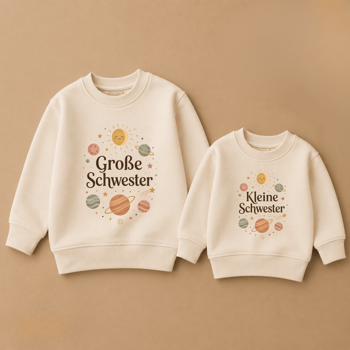 Große Schwester & Kleine Schwester Weltraum & Planeten Geschwister Sweatshirts - Märchen Mode aus Bio-Baumwolle personalisierte geschenke Babyset & Bodys mit spruch & Geschenkideen für Neugeborene & 0–24 Monate & und perfekt als Geschenk zur Geburt