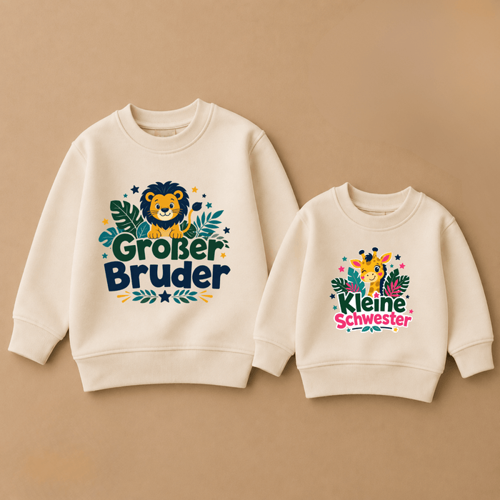Großer Bruder & Kleine Schwester Löwe & Giraffe Sweatshirts - Märchen Mode aus Bio-Baumwolle personalisierte geschenke Babyset & Bodys mit spruch & Geschenkideen für Neugeborene & 0–24 Monate & und perfekt als Geschenk zur Geburt