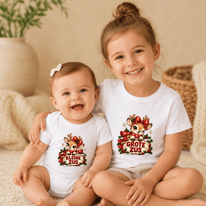 Grote zus & kleine zus kersttruien – Rendier - Märchen Mode aus Bio-Baumwolle personalisierte geschenke Babyset & Bodys mit spruch & Geschenkideen für Neugeborene & 0–24 Monate & und perfekt als Geschenk zur Geburt