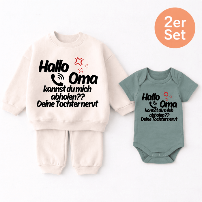 Hallo Oma kannst du mich abholen?? Deine Tochter nervt 2er set - Märchen Mode aus Bio - Baumwolle personalisierte geschenke Babyset & Bodys mit spruch & Geschenkideen für Neugeborene & 0–24 Monate & und perfekt als Geschenk zur Geburt