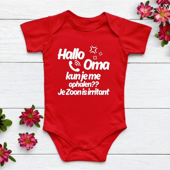Hallo Oma kun je me ophalen?? Je Zoon is irritant Body Rood - Märchen Mode aus Bio - Baumwolle personalisierte geschenke Babyset & Bodys mit spruch & Geschenkideen für Neugeborene & 0–24 Monate & und perfekt als Geschenk zur Geburt