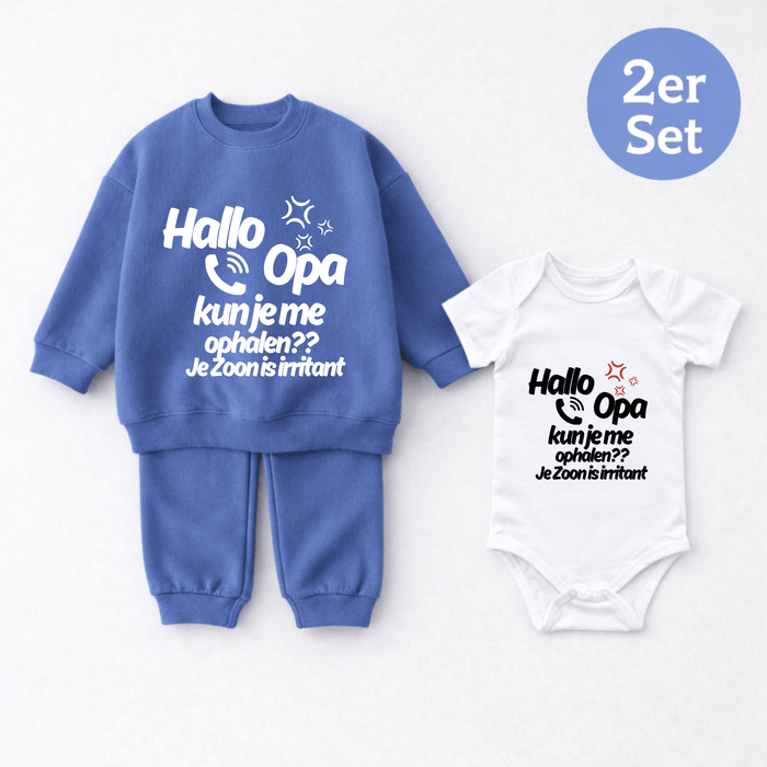 Hallo Opa kun je me ophalen?? Je Zoon is irritant 2er set - Märchen Mode aus Bio - Baumwolle personalisierte geschenke Babyset & Bodys mit spruch & Geschenkideen für Neugeborene & 0–24 Monate & und perfekt als Geschenk zur Geburt