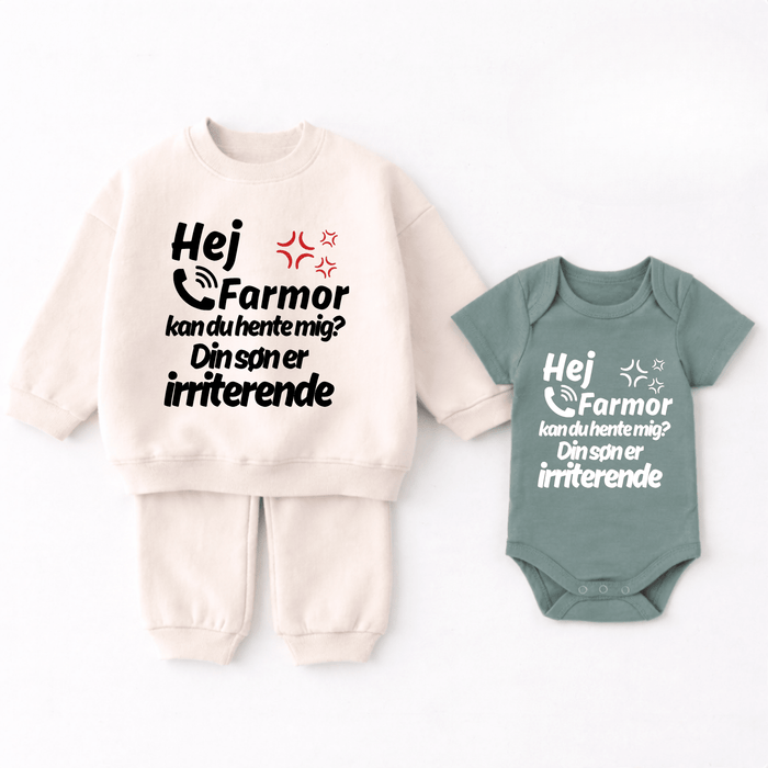 Hej Farmor kan du hente mig? Din søn er irriterende 2 - delt sæt - Märchen Mode aus Bio - Baumwolle personalisierte geschenke Babyset & Bodys mit spruch & Geschenkideen für Neugeborene & 0–24 Monate & und perfekt als Geschenk zur Geburt