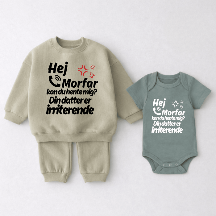 Hej Morfar kan du hente mig? Din datter er irriterende 2 - delt sæt - Märchen Mode aus Bio - Baumwolle personalisierte geschenke Babyset & Bodys mit spruch & Geschenkideen für Neugeborene & 0–24 Monate & und perfekt als Geschenk zur Geburt