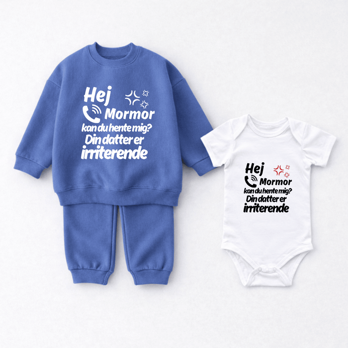 Hej Mormor kan du hente mig? Din datter er irriterende 2 - delt sæt - Märchen Mode aus Bio - Baumwolle personalisierte geschenke Babyset & Bodys mit spruch & Geschenkideen für Neugeborene & 0–24 Monate & und perfekt als Geschenk zur Geburt