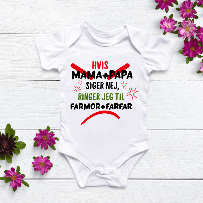 Hvis Mama+Papasiger nej ringer jeg til , farMor+farFar Body - Märchen Mode aus Bio - Baumwolle personalisierte geschenke Babyset & Bodys mit spruch & Geschenkideen für Neugeborene & 0–24 Monate & und perfekt als Geschenk zur Geburt