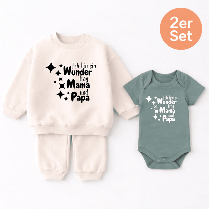Ich bin ein Wunder frag Mama und Papa 2er set - Märchen Mode aus Bio - Baumwolle personalisierte geschenke Babyset & Bodys mit spruch & Geschenkideen für Neugeborene & 0–24 Monate & und perfekt als Geschenk zur Geburt
