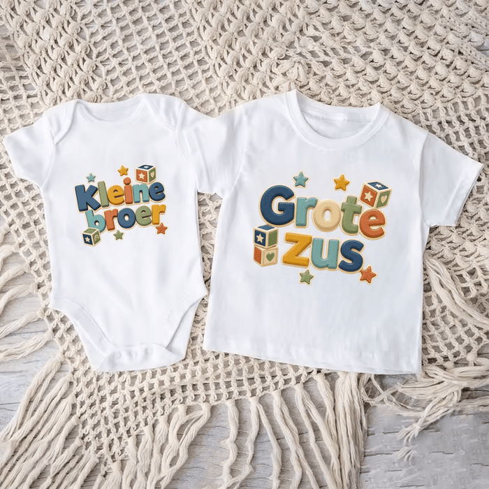 Kleine Broer & Grote Zus Blokjes Matching Set - Märchen Mode aus Bio-Baumwolle personalisierte geschenke Babyset & Bodys mit spruch & Geschenkideen für Neugeborene & 0–24 Monate & und perfekt als Geschenk zur Geburt