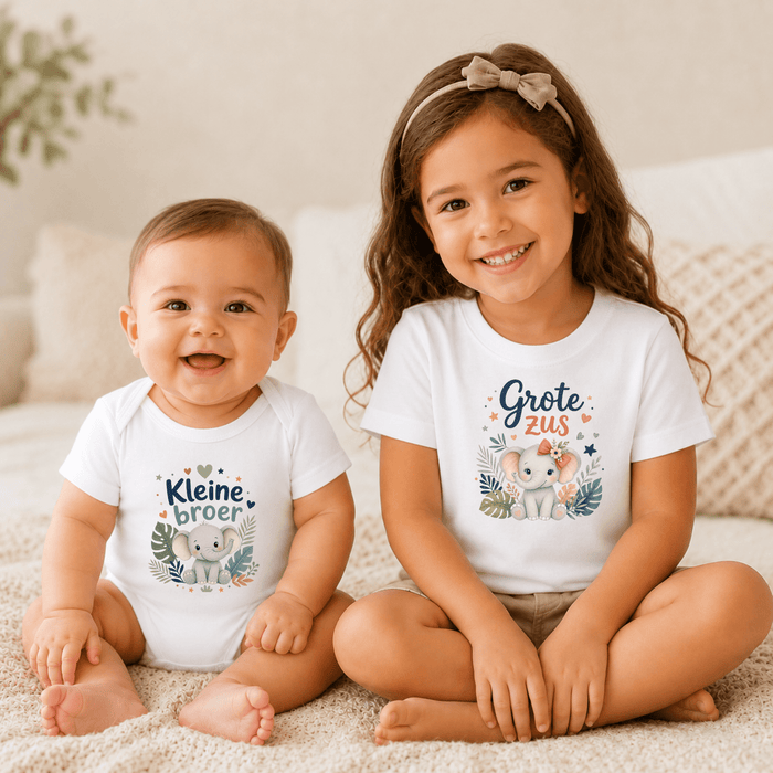 Kleine Broer & Grote Zus Olifant Matching Set - Märchen Mode aus Bio-Baumwolle personalisierte geschenke Babyset & Bodys mit spruch & Geschenkideen für Neugeborene & 0–24 Monate & und perfekt als Geschenk zur Geburt