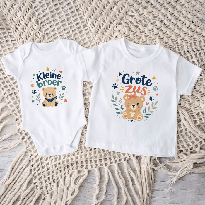 Kleine Broer & Grote Zus Teddybeer Matching Set - Märchen Mode aus Bio-Baumwolle personalisierte geschenke Babyset & Bodys mit spruch & Geschenkideen für Neugeborene & 0–24 Monate & und perfekt als Geschenk zur Geburt