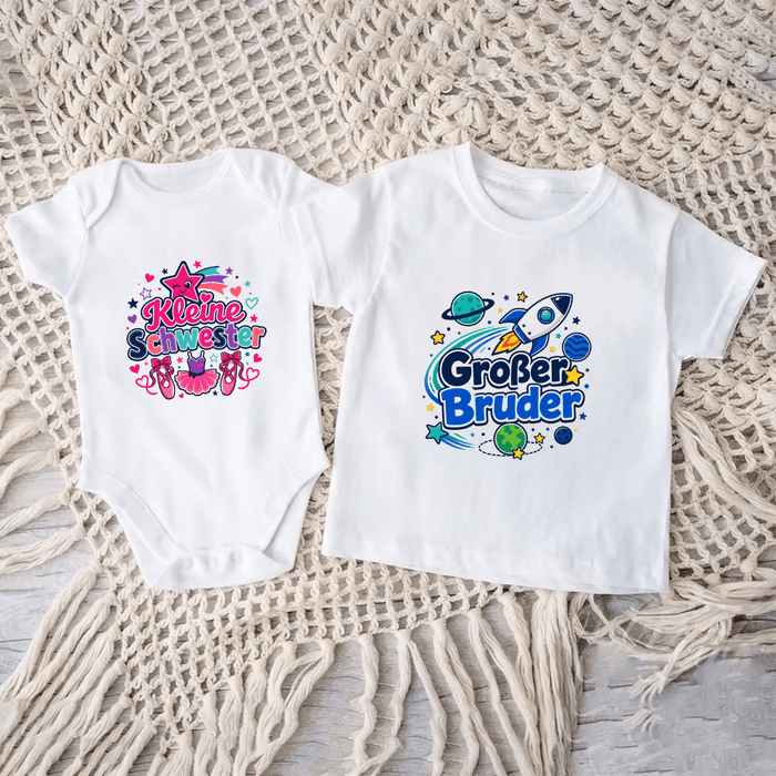 Kleine Schwester & Großer Bruder Ballett & Weltall Matching Set - Märchen Mode aus Bio-Baumwolle personalisierte geschenke Babyset & Bodys mit spruch & Geschenkideen für Neugeborene & 0–24 Monate & und perfekt als Geschenk zur Geburt