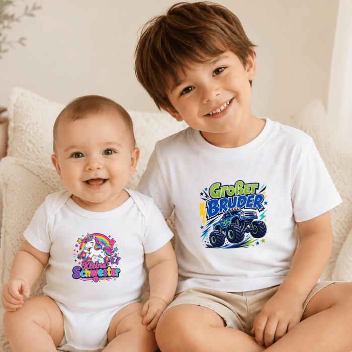Kleine Schwester & Großer Bruder Einhorn & Monstertruck Matching Set - Märchen Mode aus Bio-Baumwolle personalisierte geschenke Babyset & Bodys mit spruch & Geschenkideen für Neugeborene & 0–24 Monate & und perfekt als Geschenk zur Geburt