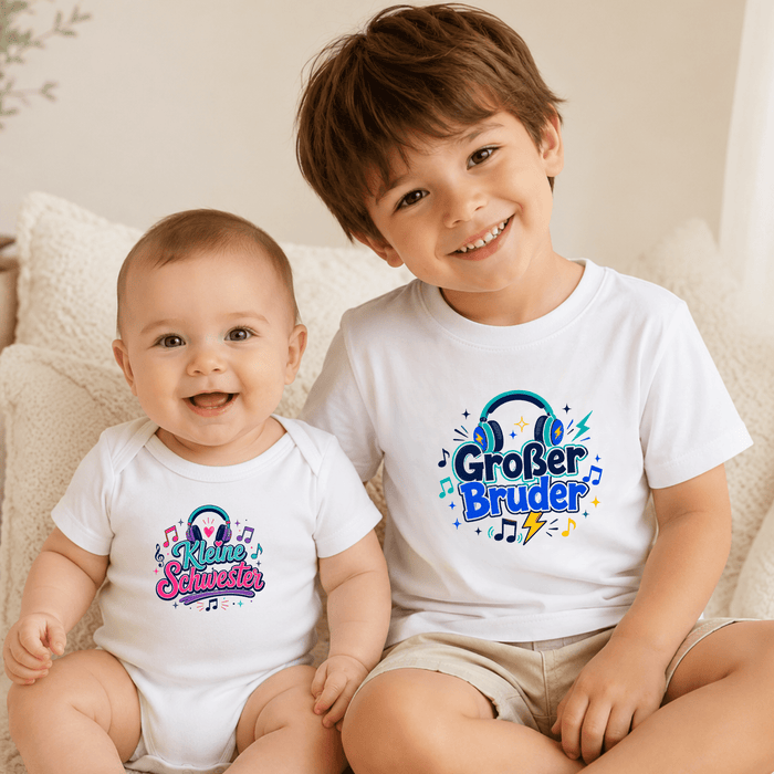 Kleine Schwester & Großer Bruder Musik Matching Set - Märchen Mode aus Bio-Baumwolle personalisierte geschenke Babyset & Bodys mit spruch & Geschenkideen für Neugeborene & 0–24 Monate & und perfekt als Geschenk zur Geburt