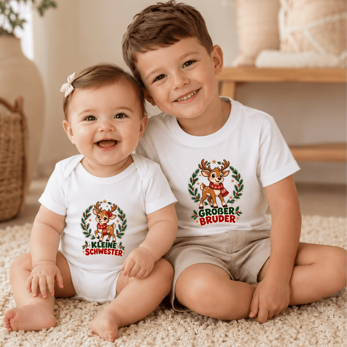 Kleine Schwester & Großer Bruder Rentier Weihnachts-Sweatshirts - Märchen Mode aus Bio-Baumwolle personalisierte geschenke Babyset & Bodys mit spruch & Geschenkideen für Neugeborene & 0–24 Monate & und perfekt als Geschenk zur Geburt