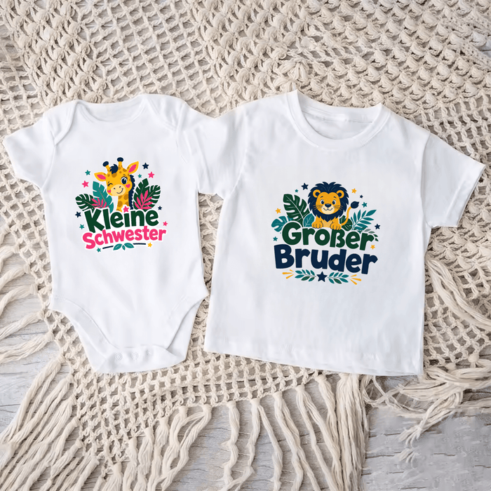 Kleine Schwester & Großer Bruder Safari Matching Set - Märchen Mode aus Bio-Baumwolle personalisierte geschenke Babyset & Bodys mit spruch & Geschenkideen für Neugeborene & 0–24 Monate & und perfekt als Geschenk zur Geburt