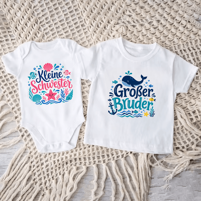 Kleine Schwester & Großer Bruder Unterwasser Matching Set - Märchen Mode aus Bio-Baumwolle personalisierte geschenke Babyset & Bodys mit spruch & Geschenkideen für Neugeborene & 0–24 Monate & und perfekt als Geschenk zur Geburt