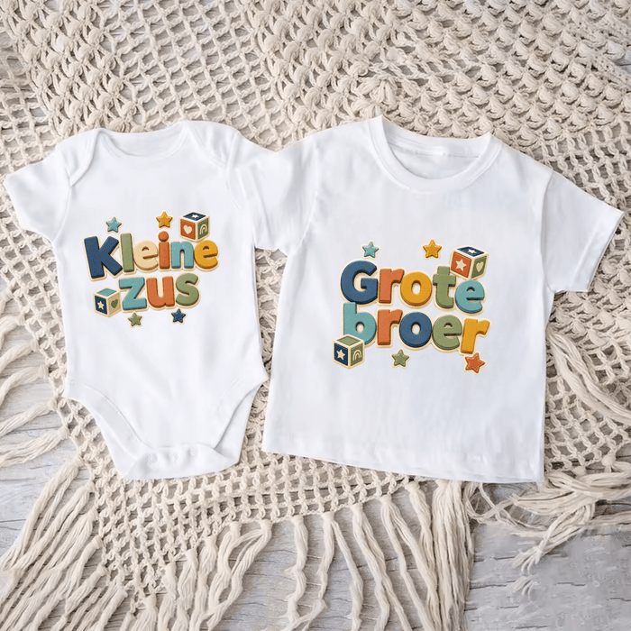 Kleine Zus & Grote Broer Blokjes Matching Set - Märchen Mode aus Bio-Baumwolle personalisierte geschenke Babyset & Bodys mit spruch & Geschenkideen für Neugeborene & 0–24 Monate & und perfekt als Geschenk zur Geburt