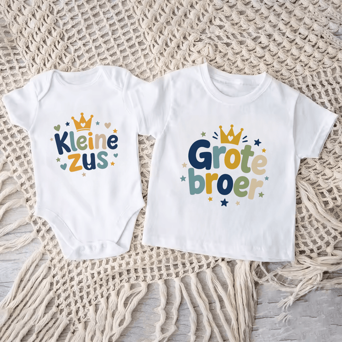 Kleine Zus & Grote Broer Kroontje Matching Set - Märchen Mode aus Bio-Baumwolle personalisierte geschenke Babyset & Bodys mit spruch & Geschenkideen für Neugeborene & 0–24 Monate & und perfekt als Geschenk zur Geburt
