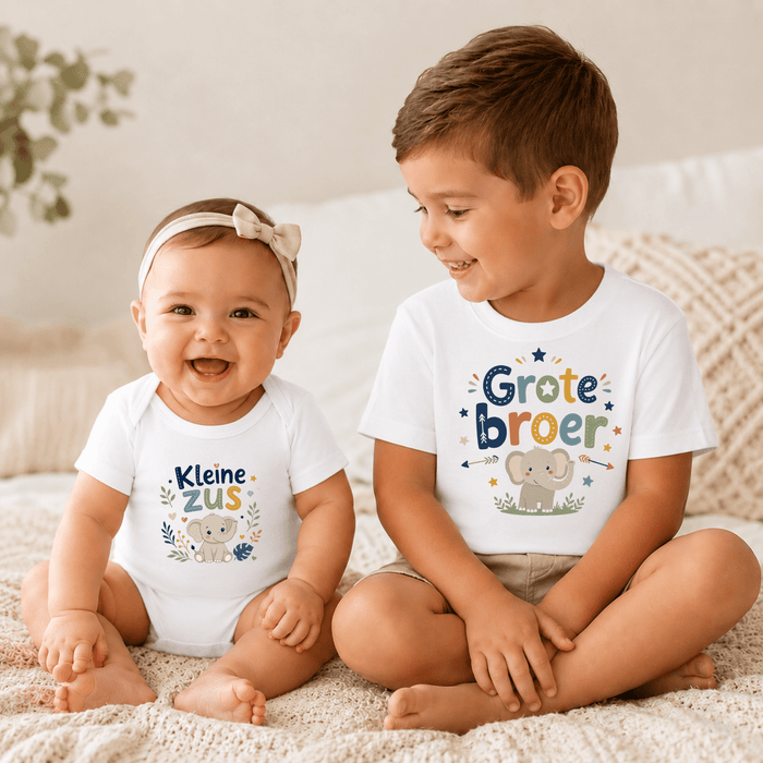 Kleine Zus & Grote Broer Olifant Matching Set - Märchen Mode aus Bio-Baumwolle personalisierte geschenke Babyset & Bodys mit spruch & Geschenkideen für Neugeborene & 0–24 Monate & und perfekt als Geschenk zur Geburt