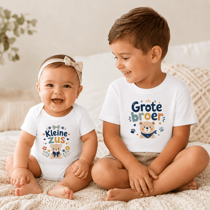 Kleine Zus & Grote Broer Teddybeer Matching Set - Märchen Mode aus Bio-Baumwolle personalisierte geschenke Babyset & Bodys mit spruch & Geschenkideen für Neugeborene & 0–24 Monate & und perfekt als Geschenk zur Geburt
