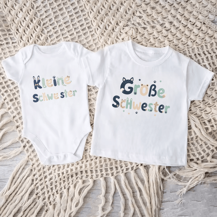 (Kleine/Große) Schwester Matching Sets neu Version II - Märchen Mode aus Bio-Baumwolle personalisierte geschenke Babyset & Bodys mit spruch & Geschenkideen für Neugeborene & 0–24 Monate & und perfekt als Geschenk zur Geburt