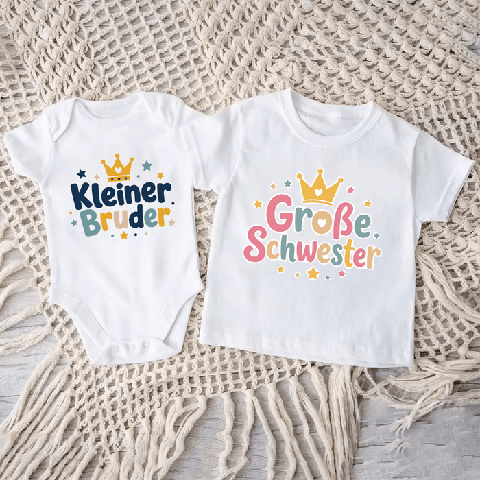 Kleiner Bruder & Große Schwester Krone Matching Set II - Märchen Mode aus Bio-Baumwolle personalisierte geschenke Babyset & Bodys mit spruch & Geschenkideen für Neugeborene & 0–24 Monate & und perfekt als Geschenk zur Geburt