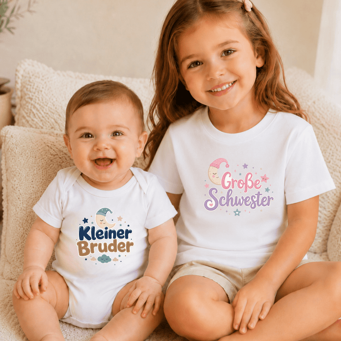 Kleiner Bruder & Große Schwester Mond Matching Set - Märchen Mode aus Bio-Baumwolle personalisierte geschenke Babyset & Bodys mit spruch & Geschenkideen für Neugeborene & 0–24 Monate & und perfekt als Geschenk zur Geburt