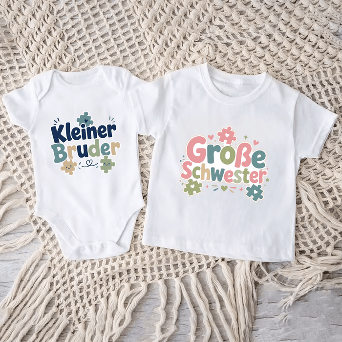Kleiner Bruder & Große Schwester Puzzle Matching Set - Märchen Mode aus Bio-Baumwolle personalisierte geschenke Babyset & Bodys mit spruch & Geschenkideen für Neugeborene & 0–24 Monate & und perfekt als Geschenk zur Geburt