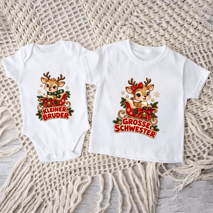 Kleiner Bruder & Große Schwester Rentier Weihnachts-Sweatshirts - Märchen Mode aus Bio-Baumwolle personalisierte geschenke Babyset & Bodys mit spruch & Geschenkideen für Neugeborene & 0–24 Monate & und perfekt als Geschenk zur Geburt