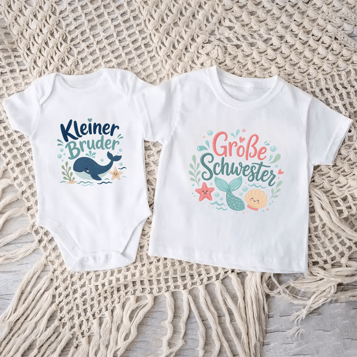 Kleiner Bruder & Große Schwester Unterwasser Matching Set - Märchen Mode aus Bio-Baumwolle personalisierte geschenke Babyset & Bodys mit spruch & Geschenkideen für Neugeborene & 0–24 Monate & und perfekt als Geschenk zur Geburt