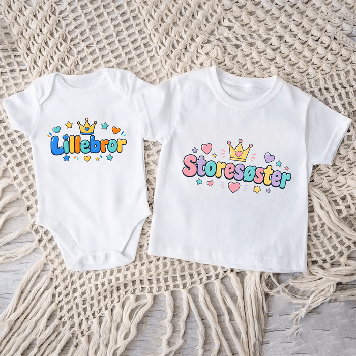 Lillebror & Storesøster Krone Matching Sæt - Märchen Mode aus Bio-Baumwolle personalisierte geschenke Babyset & Bodys mit spruch & Geschenkideen für Neugeborene & 0–24 Monate & und perfekt als Geschenk zur Geburt