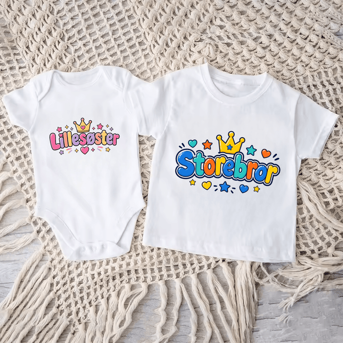 Lillesøster & Storebror Krone Matching Sæt - Märchen Mode aus Bio-Baumwolle personalisierte geschenke Babyset & Bodys mit spruch & Geschenkideen für Neugeborene & 0–24 Monate & und perfekt als Geschenk zur Geburt