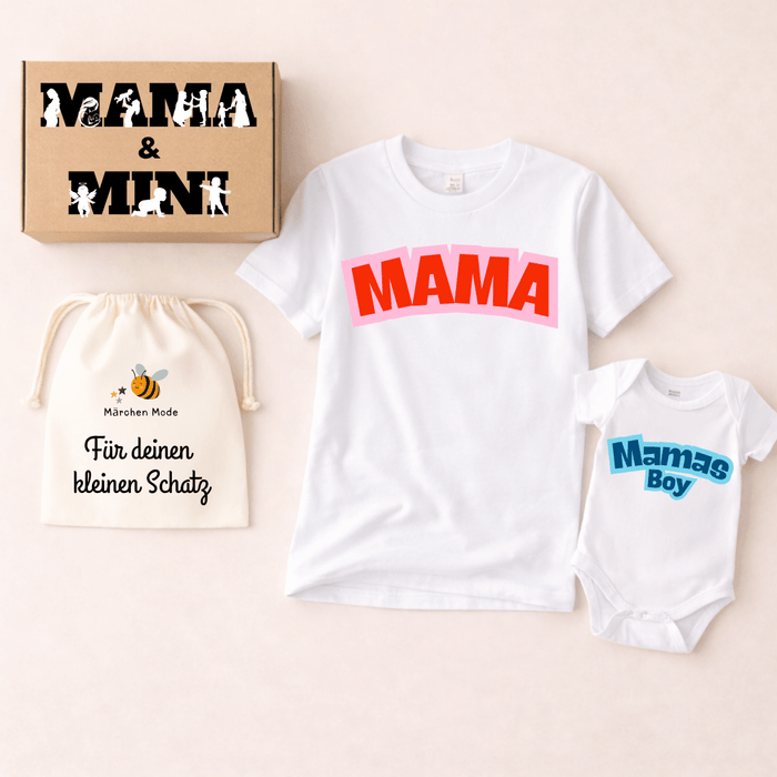 Mama & Mamas Boy - Geschenkbox - Märchen Mode aus Bio - Baumwolle personalisierte geschenke Babyset & Bodys mit spruch & Geschenkideen für Neugeborene & 0–24 Monate & und perfekt als Geschenk zur Geburt