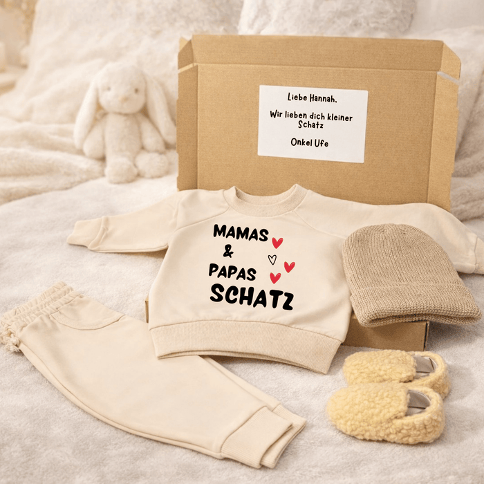 Mama & papa Schatz - Geschenkbox - Märchen Mode aus Bio - Baumwolle personalisierte geschenke Babyset & Bodys mit spruch & Geschenkideen für Neugeborene & 0–24 Monate & und perfekt als Geschenk zur Geburt
