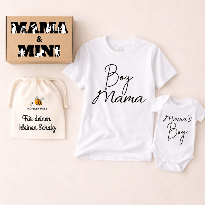 Mama’s Boy und Boy Mama - Geschenkbox - Märchen Mode aus Bio - Baumwolle personalisierte geschenke Babyset & Bodys mit spruch & Geschenkideen für Neugeborene & 0–24 Monate & und perfekt als Geschenk zur Geburt