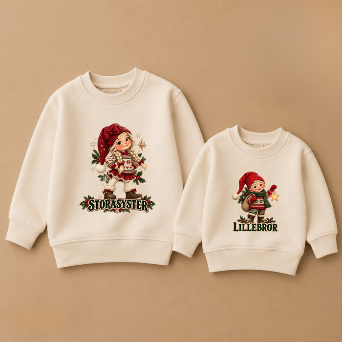 Matchande Storasyster & Lillebror Tomte Sweatshirts - Märchen Mode aus Bio-Baumwolle personalisierte geschenke Babyset & Bodys mit spruch & Geschenkideen für Neugeborene & 0–24 Monate & und perfekt als Geschenk zur Geburt