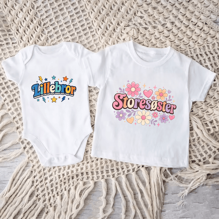 Matchende lillebror og storesøster med stjerner og blomster - Märchen Mode aus Bio-Baumwolle personalisierte geschenke Babyset & Bodys mit spruch & Geschenkideen für Neugeborene & 0–24 Monate & und perfekt als Geschenk zur Geburt