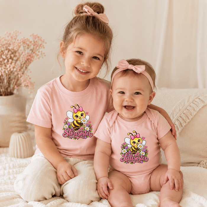 Matchende Storesøster & Lillesøster Sød Bi med Blomster - Märchen Mode aus Bio-Baumwolle personalisierte geschenke Babyset & Bodys mit spruch & Geschenkideen für Neugeborene & 0–24 Monate & und perfekt als Geschenk zur Geburt